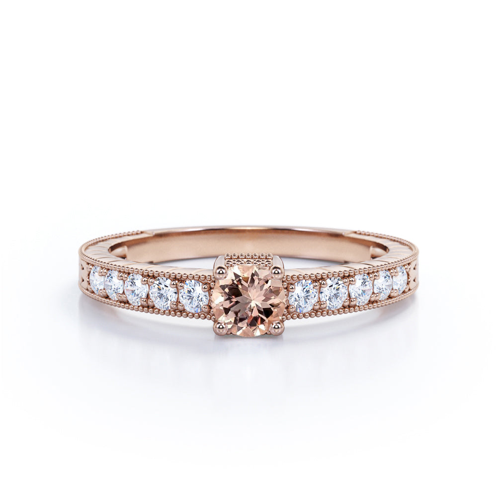 Decorative 0.6 carat Round Morganite and Moissanite Nature Engagement Ring in White Gold
