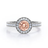 Decorative Halo 1 carat Round Morganite and Diamond Milgrain Engagement Ring in White Gold