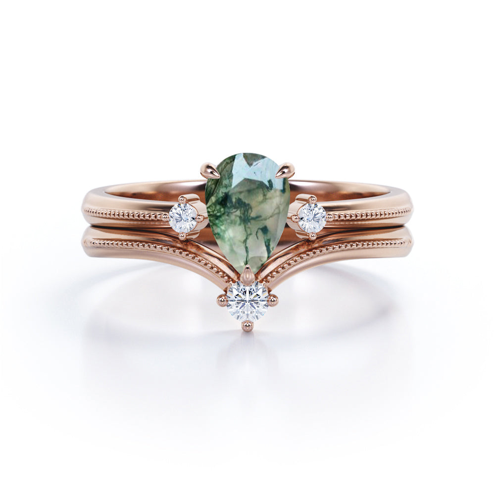 Bead-décor 0.8 carat Pear Moss Agate and Moissanite Bridal Set in White Gold