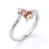 Two Stones 0.55 carat Pear Morganite and Moissanite Nestled Engagement Ring in White Gold
