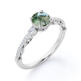 Decorative Basket 0.75 carat Round Moss Agate and Moissanite Engagement Ring in White Gold