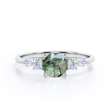 Five Stone 0.6 Carat Round Cut Moss Agate Engagement Ring