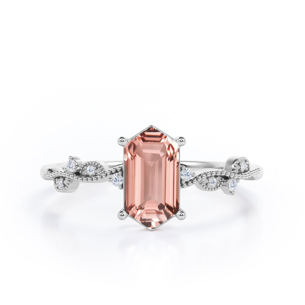 Vintage Wavy Milgrain 0.5 carat Hexagon Morganite and Diamonds Engagement Ring in Rose Gold