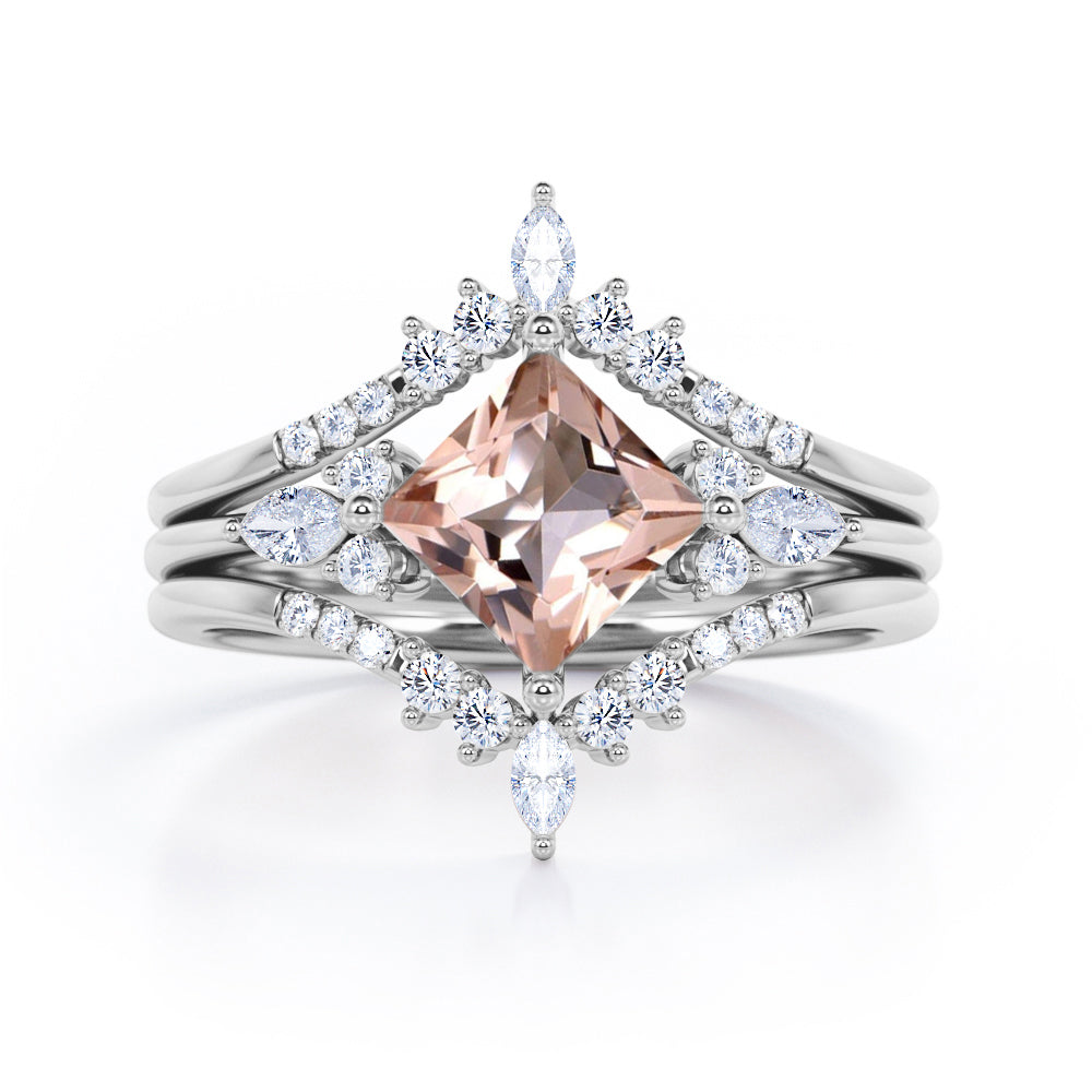 Double Crown 1.25 carat Princess Morganite and Diamond Trio Ring Set in Rose Gold
