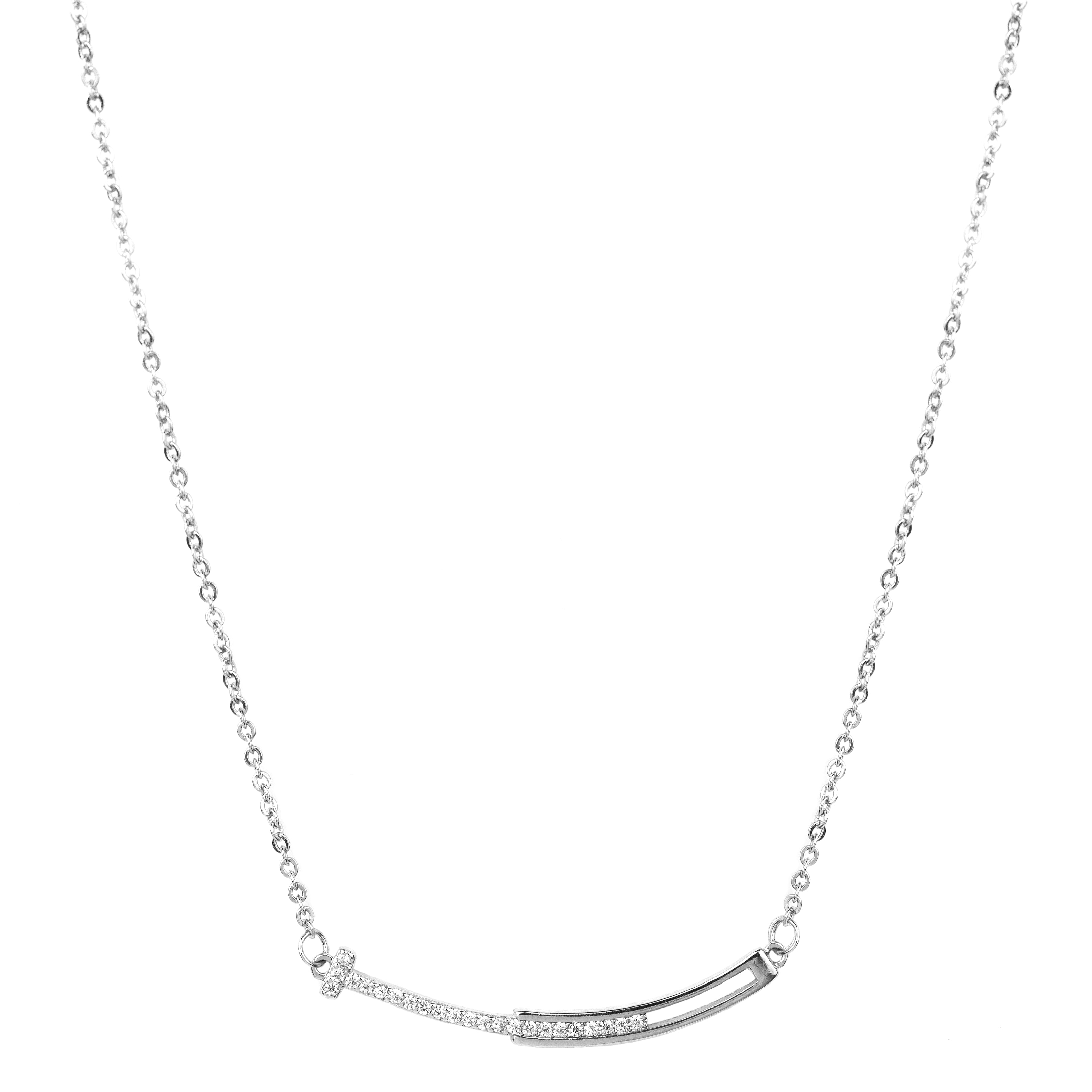 Pave Curved Bar Pendant Necklace - Thin Cable Chain Necklace - 18K Rose Gold Plating over Silver - Pave Smile Pendant Necklace for Women