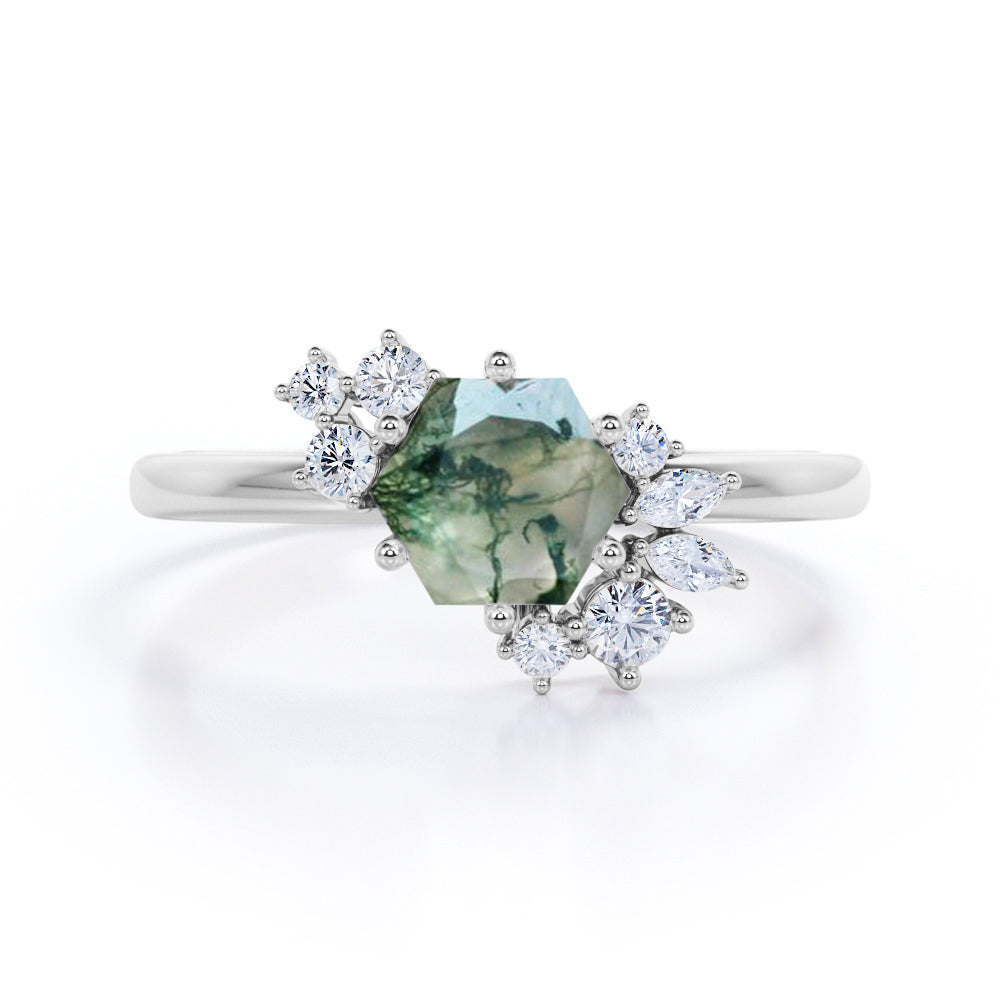 Clustered 0.6 Carat Hexagon Moss Agate Engagement Ring