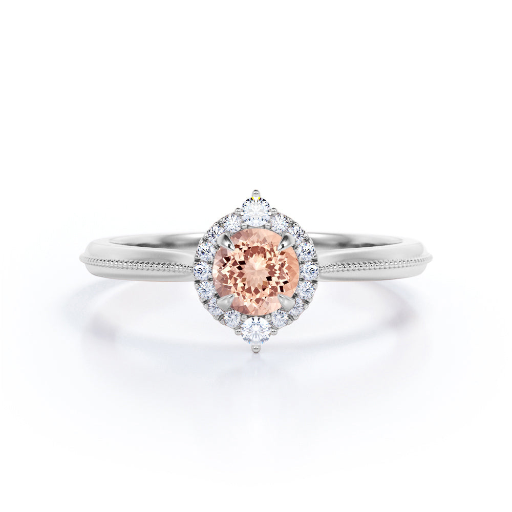Vintage Halo 0.65 carat Round Morganite and Moissanite Engagement Ring in Rose Gold