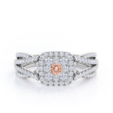 Double Infinity Split Shank - 1.4 Carat Round Shaped Morganite and diamond - Flush Cluster Halo Engagement Ring in White Gold