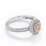 Decorative Halo 1 carat Round Morganite and Diamond Milgrain Engagement Ring in White Gold