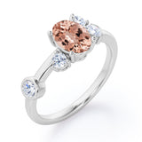 Unique 1 carat Oval Five Stone Ring With Petite Morganite and Diamond in White Gold