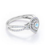 Pear-Shaped Double Halo - 1.7 Carat Round Cut Moonstone and diamond - Pave Split Shank Engagement Ring in White Gold