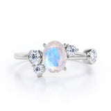 Unique 1 carat Oval Five Stone Ring With Petite Moonstone and Diamond in White Gold