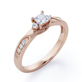 Double Curved Line Milgrain 0.55 carat Princess Diamond and Diamond Dainty Engagement Ring in Black  Gold