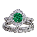 2.25 Carat Round Emerald and Moissanite Vintage Wedding Trio Ring Set in 18k White Gold over Silver