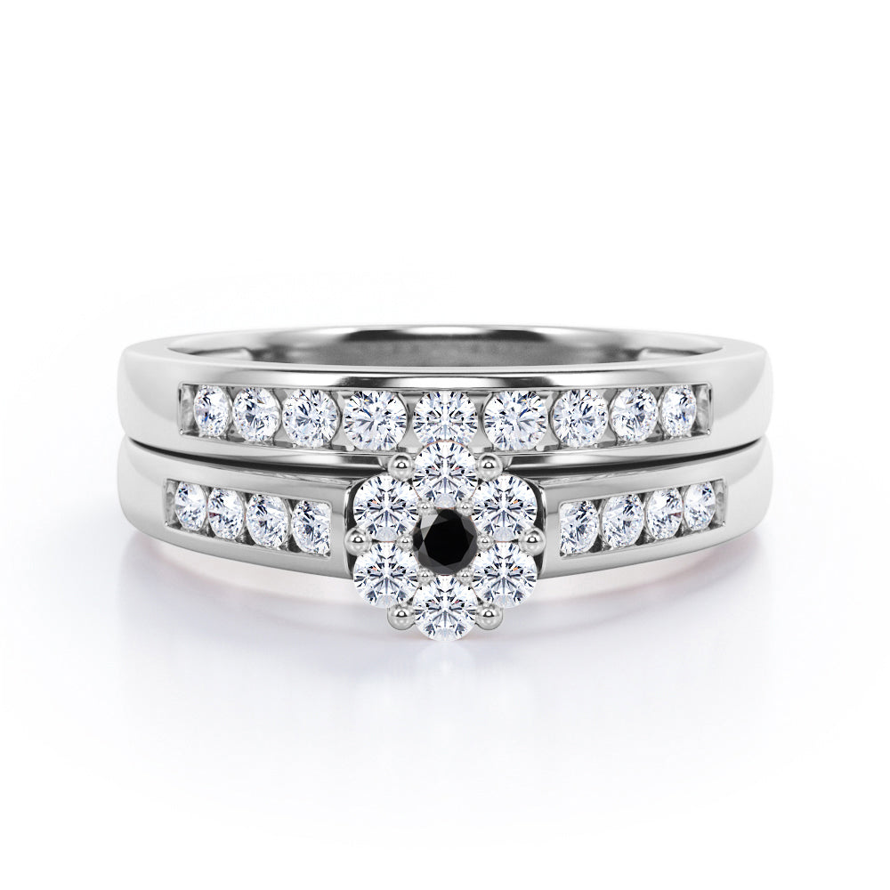 Flower Cluster Design 0.5 TCW Round-Shaped Black Diamond Flush-Channel Bridal Ring Set in  Black Gold