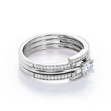 Bead décor 1 carat Square Moissanite and Diamond Solitaire Trio Wedding Ring Set For Her in White Gold