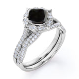 1.50 carat cushion cut Black Diamond infinity bridal set in white gold