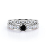 1.25 Carat Round Cut Lab Grown Black Diamond Vintage Milgrain Bridal Set Ring In White Gold