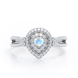 Pear-Shaped Double Halo - 1.7 Carat Round Cut Moonstone and diamond - Pave Split Shank Engagement Ring in White Gold