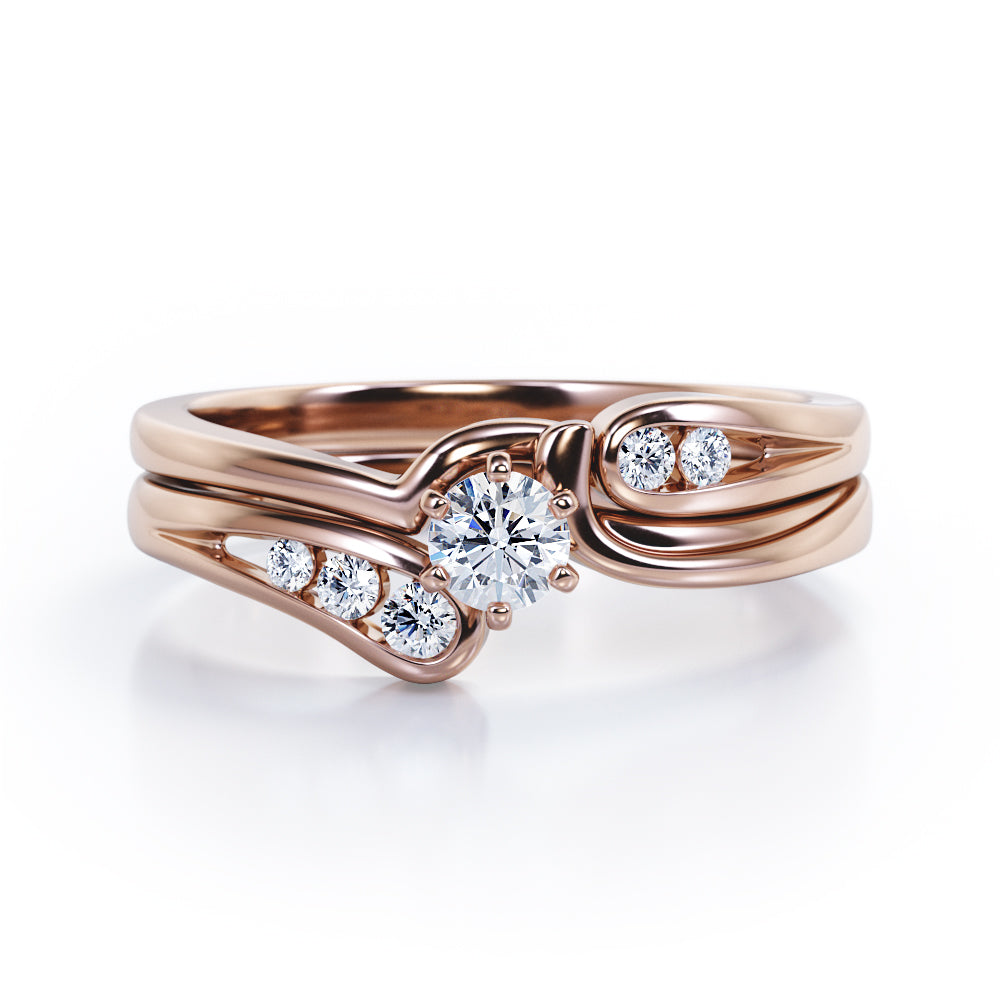 Mini Channel Design 0.5 TCW Round Cut Moissanite and Diamond Six-Prong Bridal Ring Set in Black Gold