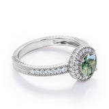 Decorative Halo 1 carat Round Moss Green Agate and Diamond Milgrain Engagement Ring in White Gold