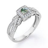 Extravaganza Milgrain Bordered - 1.45 Carat Round Brilliant Cut Green Moss Agate and diamond - Halo Pave Channel Engagement Ring in Rose Gold