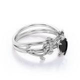 1 ct Pear Lab Black Diamond Leaf Style Bridal Set