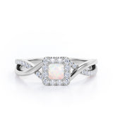1.25 Carat Princess Cut Opal and diamond - Half Crossover Pave - Halo Engagement Ring in White Gold