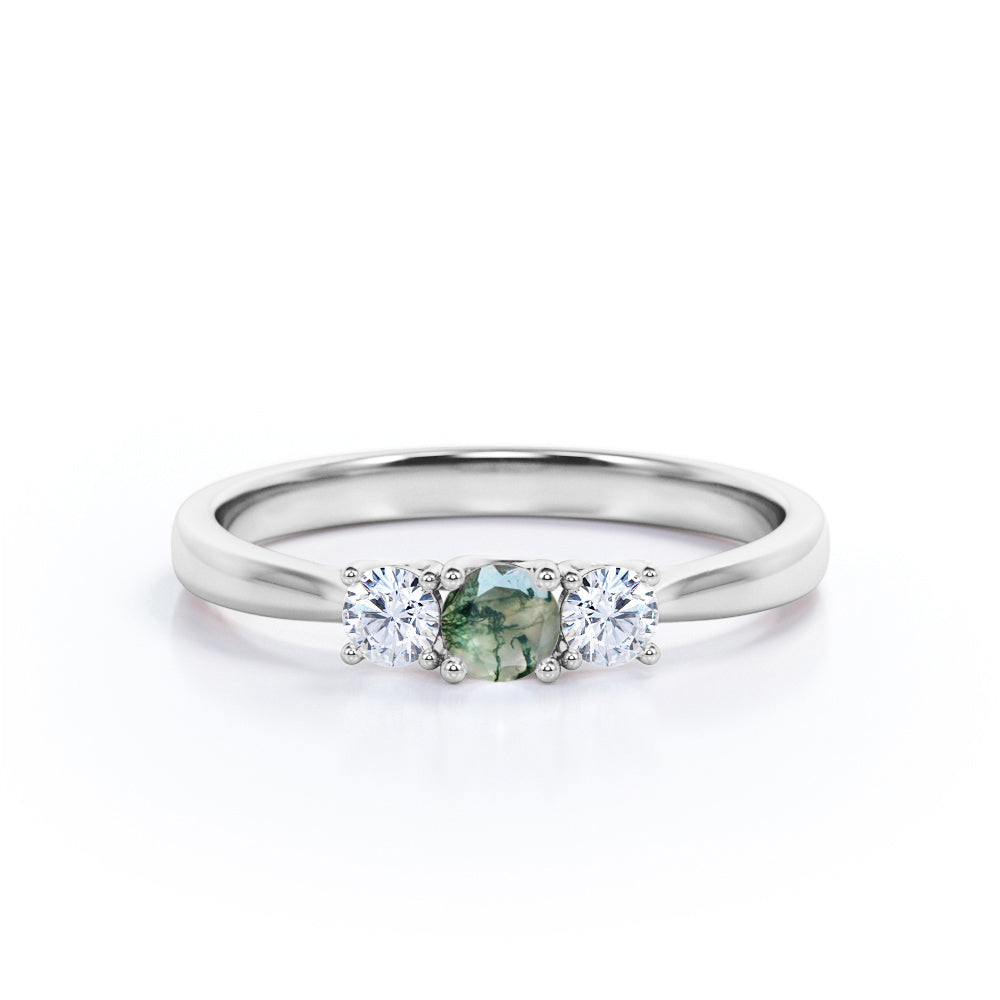 Classic trio ring - 1 carat Round Moss Agate and Moissanite Promise Ring in White Gold