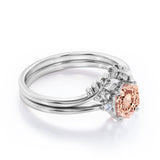 Artistic Petite Leaf 0.55 carat Hexagon Morganite and Moissanite Minimal Bridal Ring Set in Rose Gold