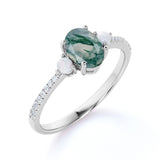 Three Stone 0.8 carat Oval Moss Agate with Pearl and Moissanite Engagement Ring in White Gold