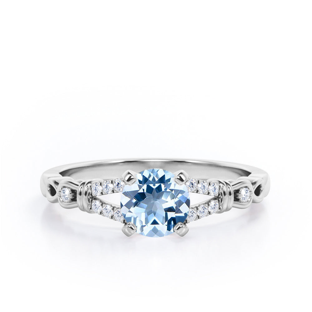 Split Shank 0.6 carat Round Aquamarine and Diamond Engagement Ring in Rose Gold
