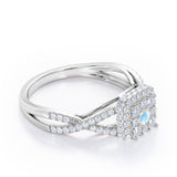 Pave Crossover - 1.25 Carat Round Cut Moonstone and diamond - Flush Cluster Halo Engagement Ring in White Gold