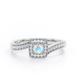 Flush-Prong Halo 1.25 Carat Round Cut Moonstone and diamond Milgrain-Edged Pave Channel Engagement Ring in White Gold