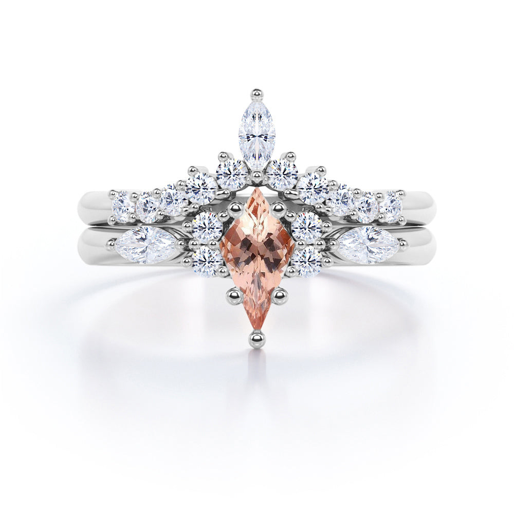 7 Stone Ring - 0.65 carat Kite Morganite and Moissanite Bridal Ring Set in Rose Gold