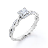 Infinity 1 carat Square Cut Moissanite and Diamond Halo Promise Ring in White Gold