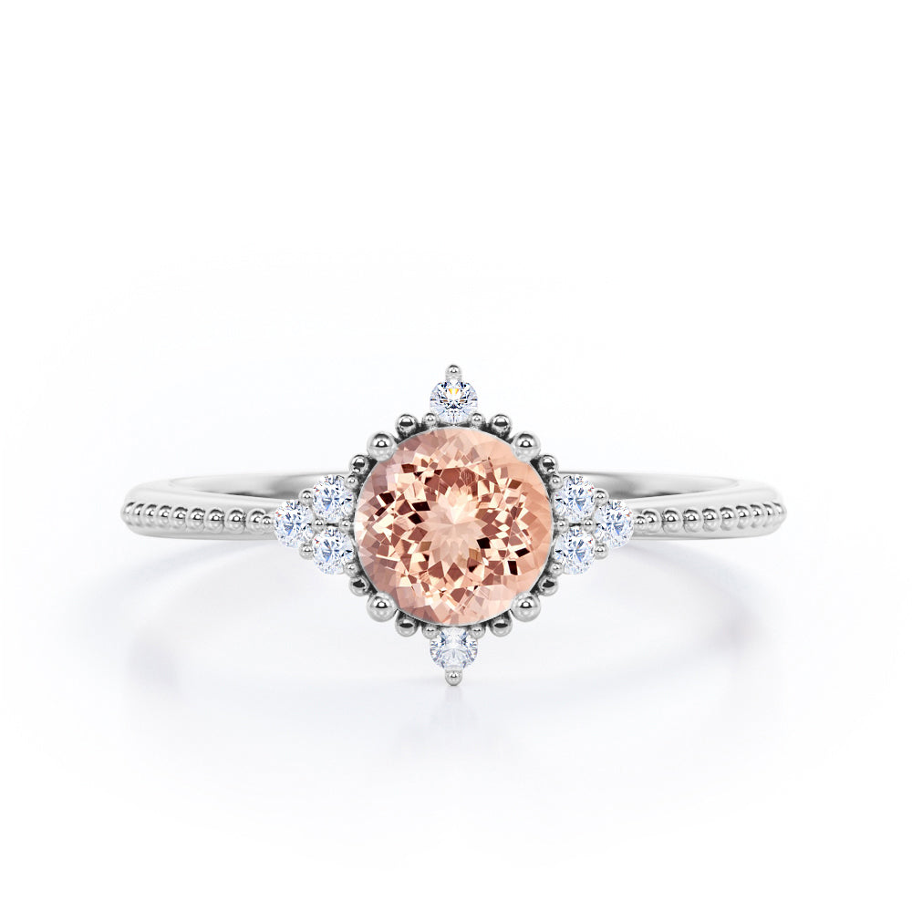 Antique Milgrain Line 0.5 carat Round Morganite and Diamond Engagement Ring in Rose Gold