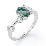 Unique 1 carat Oval Five Stone Ring With Petite Moss Green Agate and Diamond in White Gold