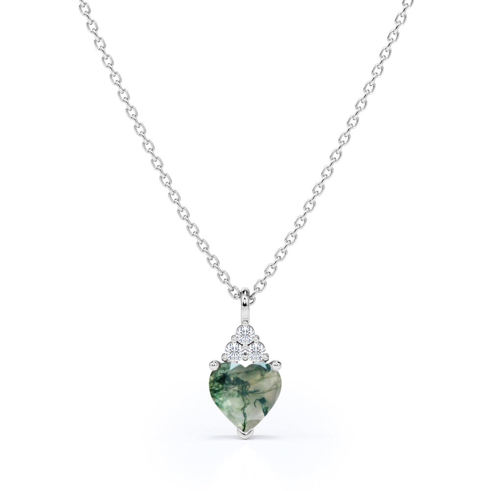 Dainty Heart 1.05 carat Dendritic Moss Agate and Moissanite Pendant in White Gold Necklace