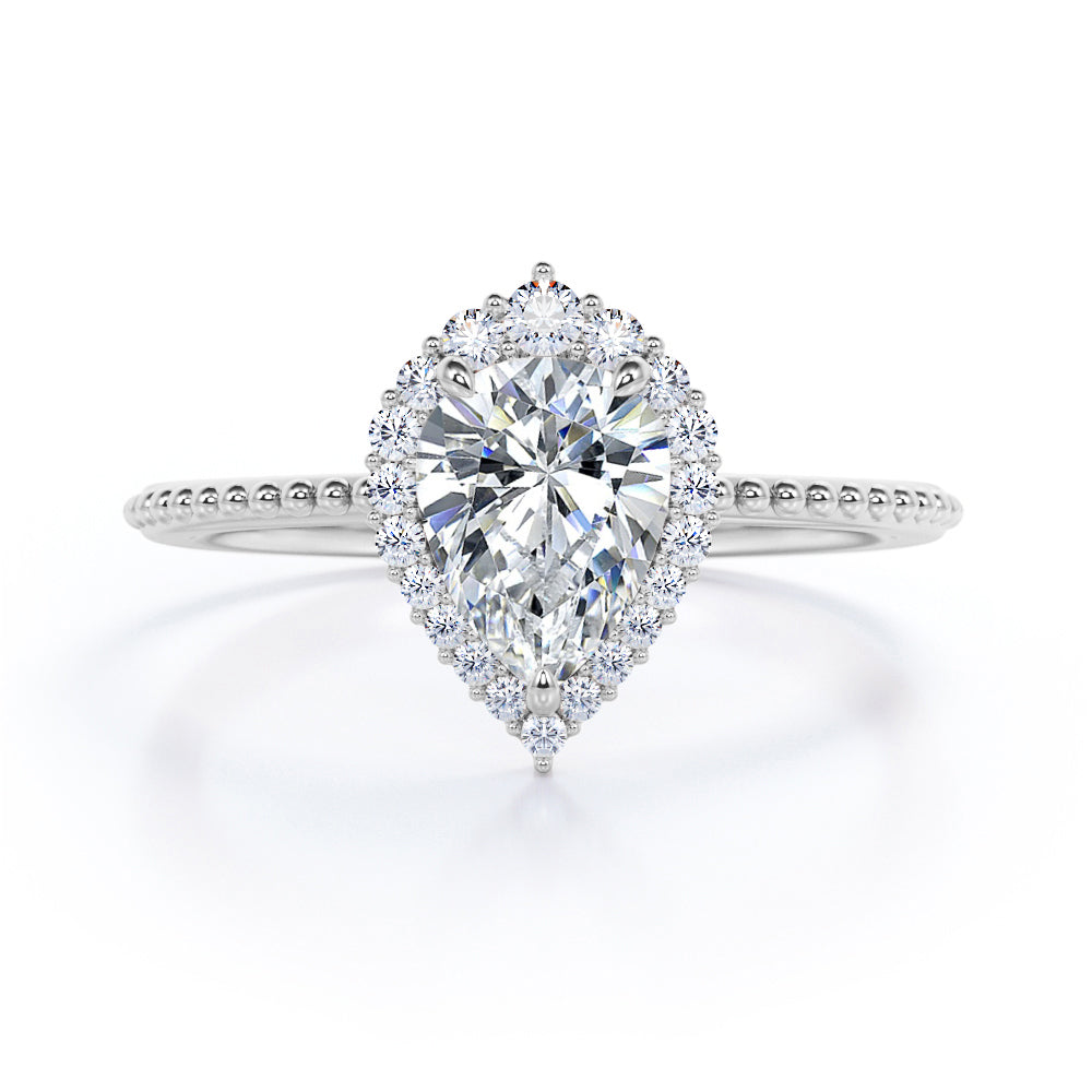 Vintage Halo 0.7 carat Pear Cut Moissanite and Diamond Engagement Ring in Rose Gold