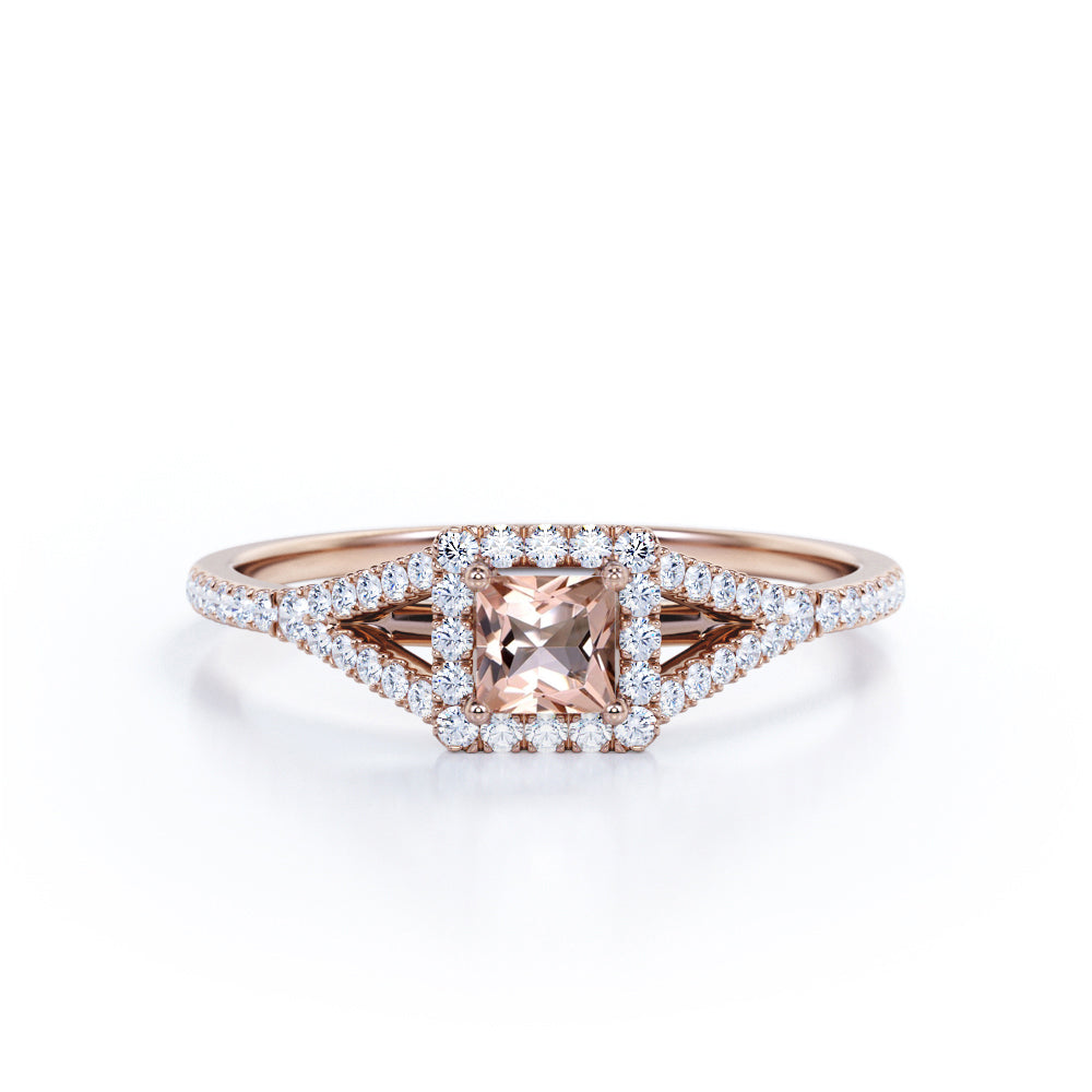Y-Shaped Split Shank 1 carat Princess Morganite and Moissanite Engagement Ring in White Gold