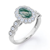 Vintage Floral Halo 0.7 carat Oval and Round Moss Green Agate and diamond Engagement Ring in Rose Gold