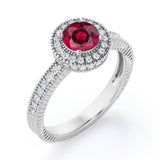 Decorative Halo 1 carat Round Lab Ruby and Diamond Milgrain Engagement Ring in White Gold
