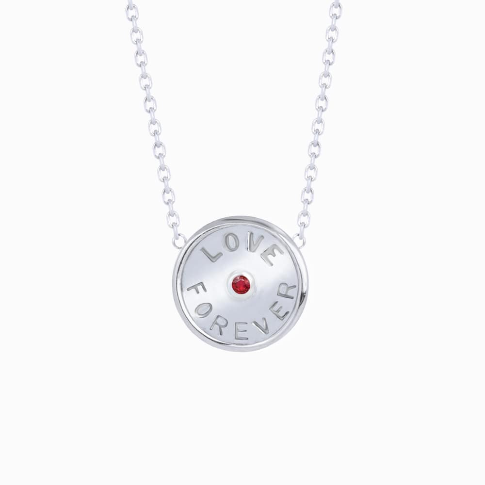 Love Forever Charm Necklace with Natural Round Shape Ruby in 18K White Gold Plating over Silver