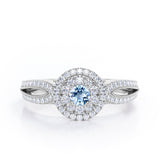 Double Halo Cluster 1.8 Carat Round-Shaped Aquamarine Split-Shaked Milgrain Pave Engagement Ring in White Gold