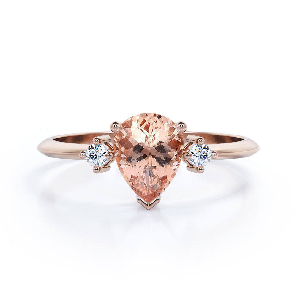 Minimalist Style Ring - 0.5 carat Pear Morganite and Moissanite Engagement Elegant Ring in White Gold