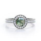 Decorative Halo 1 carat Round Moss Green Agate and Diamond Milgrain Engagement Ring in White Gold