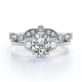 Unique 1.25 carat Oval Moissanite, Pearl and Diamond Vintage Wedding Ring Set in White Gold