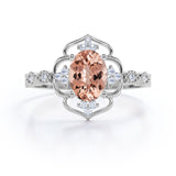 Colossal Flower 0.65 carat Oval Morganite and Moissanite Decorative Halo Engagement Ring in White Gold