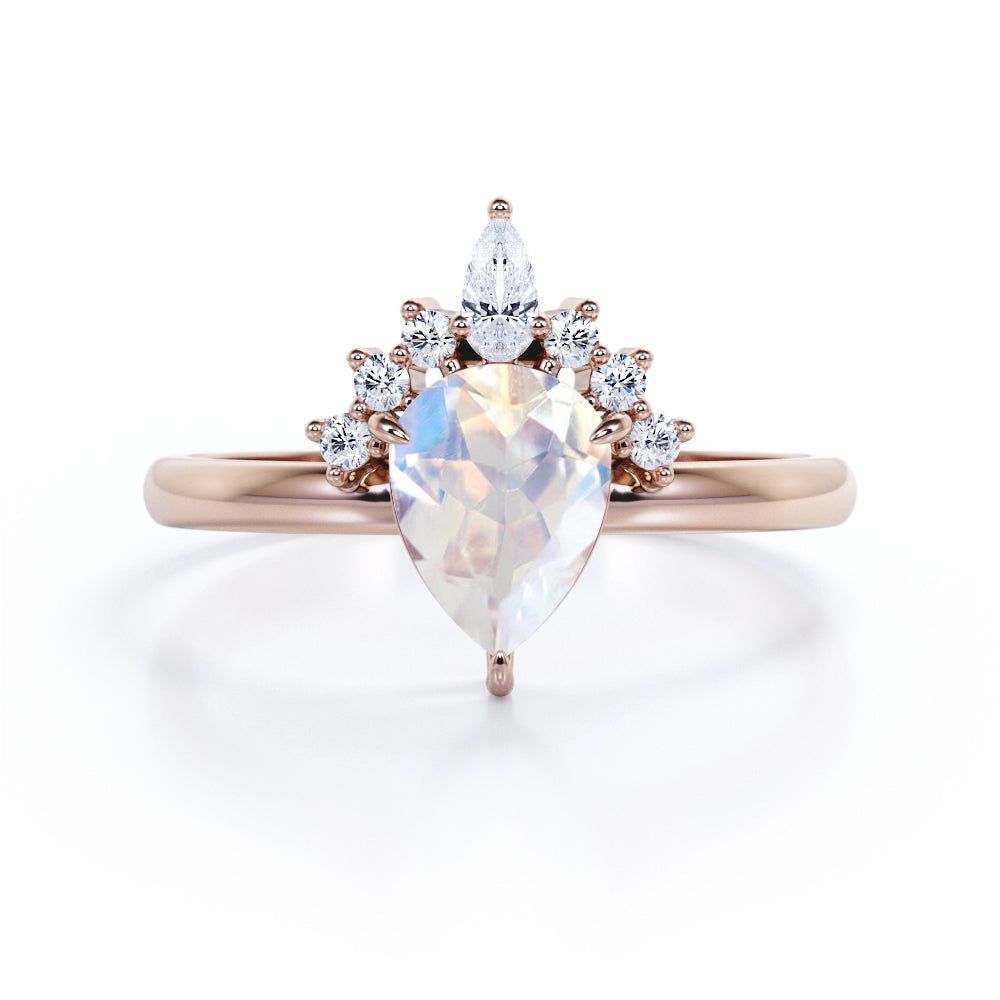 Royal Half Halo 0.6 carat Pear Moonstone and Moissanite Engagement Ring in White Gold